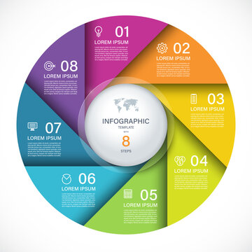 Vector infographic circle. Cycle diagram with 8 steps. Round chart that can be used for report, business analytics, data visualization and presentation.
