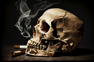skull in smoke, harm from cigarette nicotine addiction illustration Generative AI