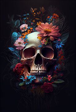 Menschlicher Totenkopf mit Blumen auf schwarzen Hintergrund - Generative Ai