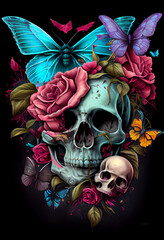 Menschlicher Totenkopf mit Blumen auf schwarzen Hintergrund - Generative Ai