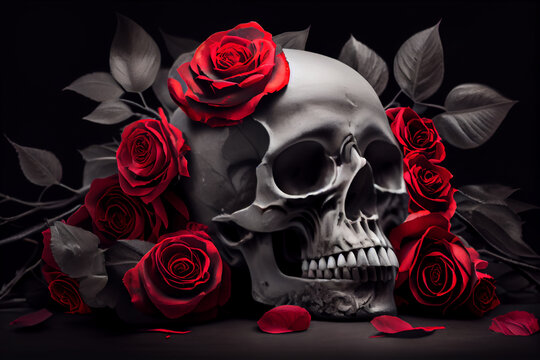 Schwarz weiß Colorkey von einem menschlichen Totenkopf mit roten Rosen - Generative Ai