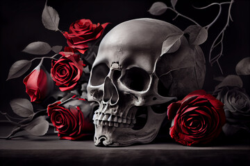 Schwarz wei&szlig; Colorkey von einem menschlichen Totenkopf mit roten Rosen - Generative Ai