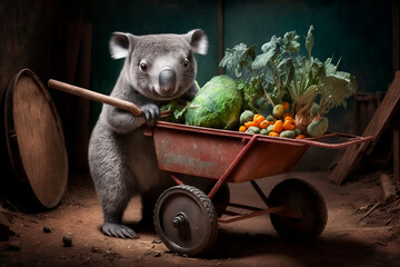 Koala gardening with a wheelbarrow full of vegetables AI generated Content