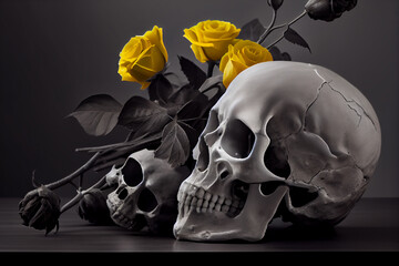 Schwarz weiß Colorkey von einem menschlichen Totenkopf mit gelben Rosen - Generative Ai