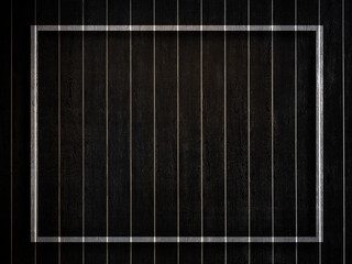 White line frame with blank space on black wood texture background, vertical style. Dark wooden plank wall striped pattern decoration in dark room.