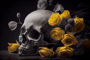 Schwarz weiß Colorkey von einem menschlichen Totenkopf mit gelben Rosen - Generative Ai