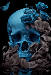 Schwarz weiß Colorkey von einem menschlichen Totenkopf mit blauen Rosen - Generative Ai