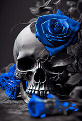 Schwarz weiß Colorkey von einem menschlichen Totenkopf mit blauen Rosen - Generative Ai
