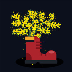 Mimosa flowers in boot, flat vector art, isolated women's day card