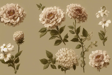 Flowers on a cream colored background in haze. Ultra detailed film photography. AI generative