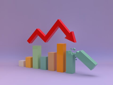 3D render. Strong downward red arrow earnings chart, green upward chart is broken by red arrow down.