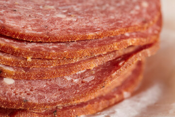 Slices of Artisan Lebanon Bologna from the Central Market in Lancaster, Pennsylvania.