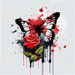 A painting of a red rose and a butterfly, paint splatter, effects, colourful, beautiful, art, and paint. This is a generative ai picture.