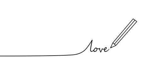 The slogan Love overcomes all is written in pencil. Inspirational and motivational quotes. Flat vector sign. Happy Valentine's Day on February 14. Vector