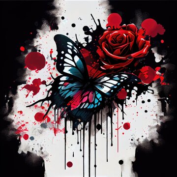A painting of a red rose and a butterfly, paint splatter, effects, colourful, beautiful, art, and paint. This is a generative ai picture.