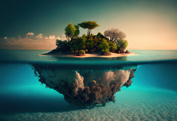 Solitary island in the vast ocean, isolation theme