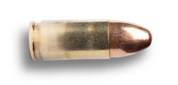 Shadow behind and below a 9 mm pistol cartridge