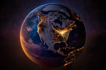 Night view planet from space with city lights. City lights on planet. Generative AI.