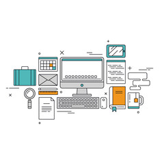 Thin line flat design of website programming process, web coder workplace tools and equipment, software developer desk items. Modern vector illustration concept, isolated on white background