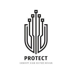 Data protect technology - logo vector illustration. Abstract shield symbol with electronic design elements. Antivirus creative logo sign. Protection guard security digital technology icon. 