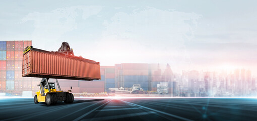 Container handler forklift lifting in shipping yard with stack of colorful containers box background, copy space, Logistics import export goods of freight carrier and transportation industry concept © enanuchit