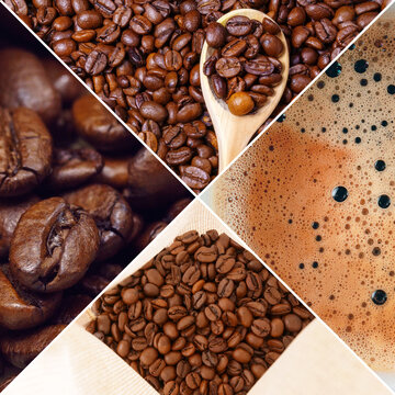 Collage of photos with roasted coffee beans. Banner background, selection of different coffee type. Square photo
