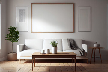 Interior design of a minimalist living room with a big blank poster frame above a cozy and comfortable sofa | Modern and simple living room with comfortable sofa and blank phot frame | Generative Ai