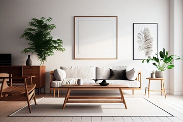 Interior design of a minimalist living room with a big blank poster frame above a cozy and comfortable sofa | Modern and simple living room with comfortable sofa and blank phot frame | Generative Ai