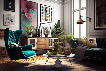 Interior design of an eclectic living room with a comfortable long sofa and armchair | Modern and luxurious living room with a long sofa, sleek coffee table and armchairs | Generative Ai