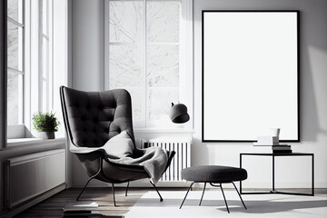Interior design of a minimalist living room with blank poster frames mockup nd a cozy armchair  | Living room in black and white theme | Generative Ai | Indoor décor