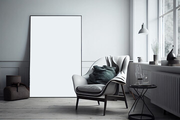 Interior design of a minimalist living room with blank poster frames mockup nd a cozy armchair  | Living room in black and white theme | Generative Ai | Indoor décor