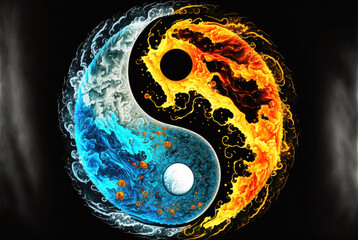 Water and fire yin yang symbol on a black background. Created with Generative AI.
