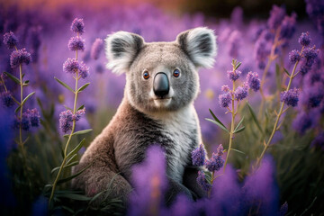 Koala sitting in a lavender field full of lavender flower generated Content