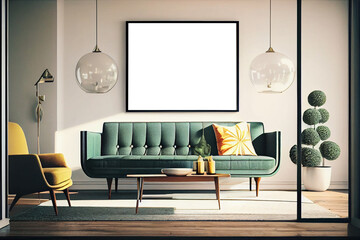 Interior design of a living room with a big blank wide poster frame hanging above a mid-century modern sofa | Generative Ai | Indoor décor | Modern, luxurious and minimalist living room