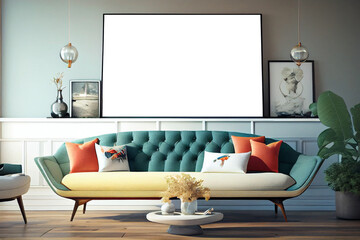 Interior design of a living room with a big blank wide poster frame hanging above a mid-century modern sofa | Generative Ai | Indoor décor | Modern, luxurious and minimalist living room