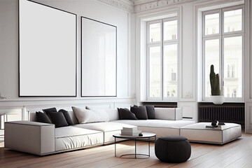 Interior design of a minimalist living room with leather sofa, sleek coffee table, big windows and blank poster frames mockup | Living room in black and white theme | Generative Ai | Indoor décor