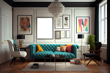 Interior design of an eclectic living room with a big blank poster frame above a comfortable long sofa | Living room with a frame mockup, long sofa, sleek coffee table and armchairs | Generative Ai