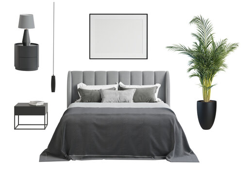 A set of isolated bedroom furniture 6. Front view. Modern bed with pillows and dark gray bedspread, a lamp on a round nightstand, a book on a rectangular nightstand, a pendant, and a plant. 3d render