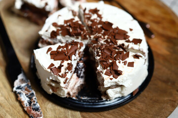 Creamy chocolate cake with cherries. Kirsch cake.