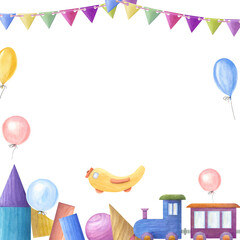 Watercolor illustration with kid wooden toys isolated on white background. Nursery, Kids Room Decor. Eco-friendly materials Child Toys. Print, poster, background, decor, wallpaper, wrapping.