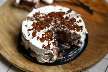 Creamy chocolate cake with cherries. Kirsch cake.