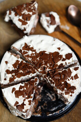 Creamy chocolate cake with cherries. Kirsch cake.