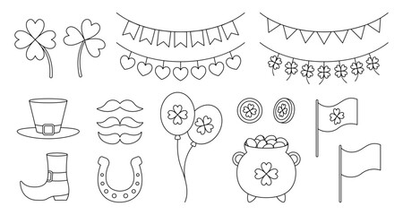 Set of St. Patrick's Day line elements. Irish holiday symbols isolated on white background. Vector illustration