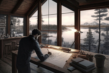 A male architect makes architectural drawings at a large table in a modern country house. Photorealistic illustration generated by AI. - obrazy, fototapety, plakaty