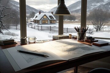 Fototapeta premium A pencil sketch in an album on a table in a country cottage. Illustration generated by AI.