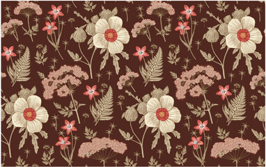 Seamless pattern fabric. Beautiful realistic isolated flowers. Vintage background. Hibiscus, Wahlenbergia Hemlock fern wildflowers. Wallpaper baroque. Drawing engraving. Vector victorian illustration