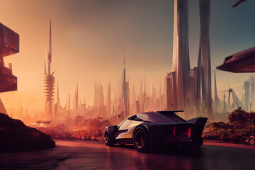 Future car with futuristic city