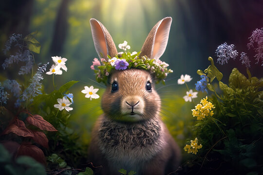 Illustration of a cute adorable Easter baby rabbitt with a crown of many colorful flowers in Flowery Meadow