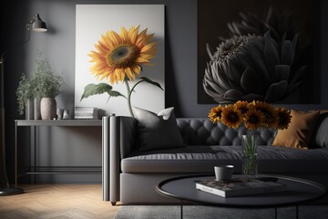 Leather sofa next to table with sunflowers in grey living room interior with posters. Real photo