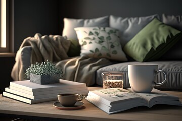Fototapeta na wymiar Living room sofa with pillows coffee and book